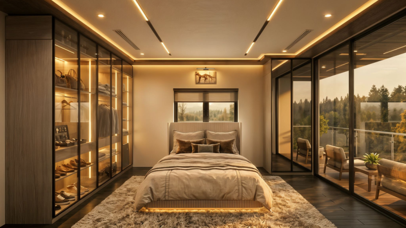 Soft styling render of a HIPOD bedroom showing furniture, fabric and lighting layers
