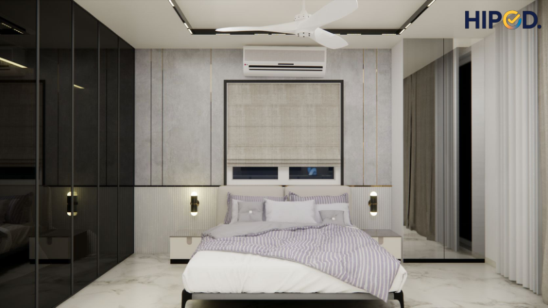 3D render of a HIPOD bedroom showing finishes, lighting and joinery
